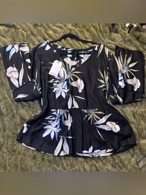 Roxy Black Floral Peplum Tunic with Pale Blue & Pink Floral Pattern